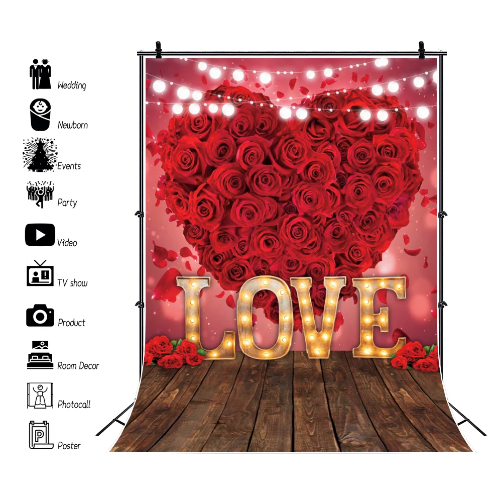 

Valentine's Day February 14 Baby Portrait Photography Background Photocall Rose Love Wooden Floor Wedding Backdrop Studio Shoot