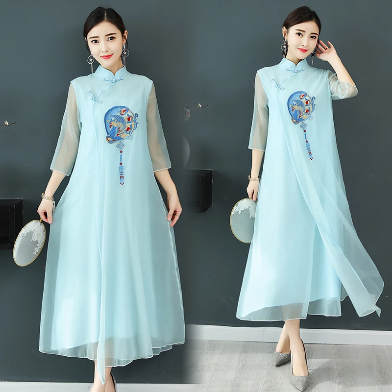 

New Embroidery Dress Summer Women Silk Dress Plus Size Women Korean Fashion Casual A-line Slim Retro Short Sleeve Long Dresses
