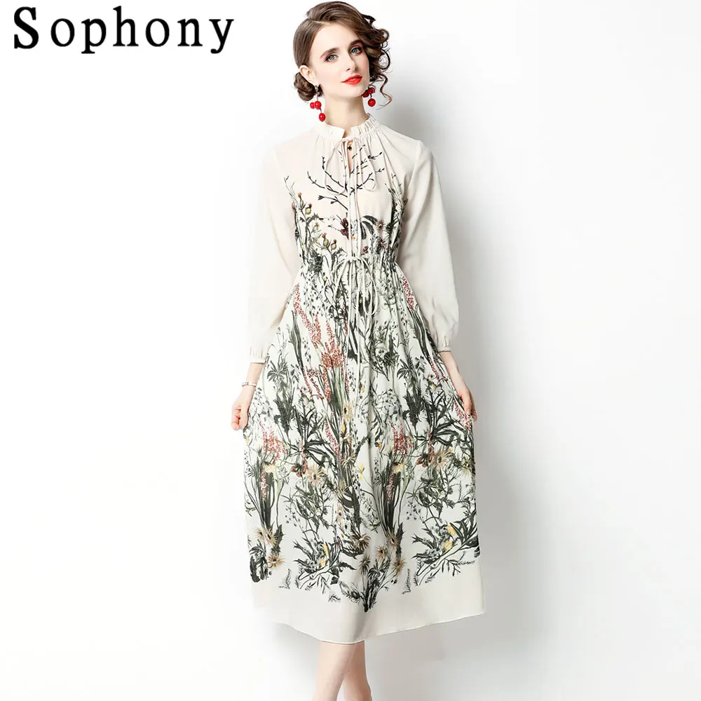 

New Arrival Female Elegant Floral Long Dress Lace Up O Neck Lantern Sleeve Elastic Waist A Line Flower Print Maxi Dresses S79122