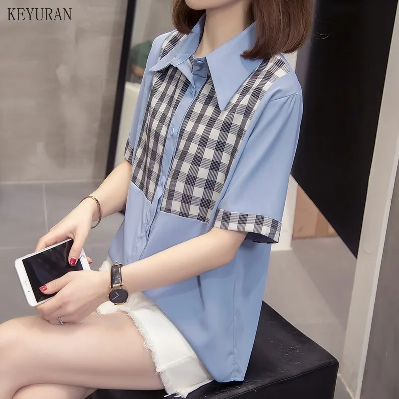 Размера плюс женские рубашки блузы модные 2021 летние кнопки с коротким рукавом в