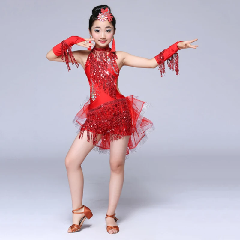 Платье с бахромой и блестками для сальсы Детские платья Одежда латинских танцев