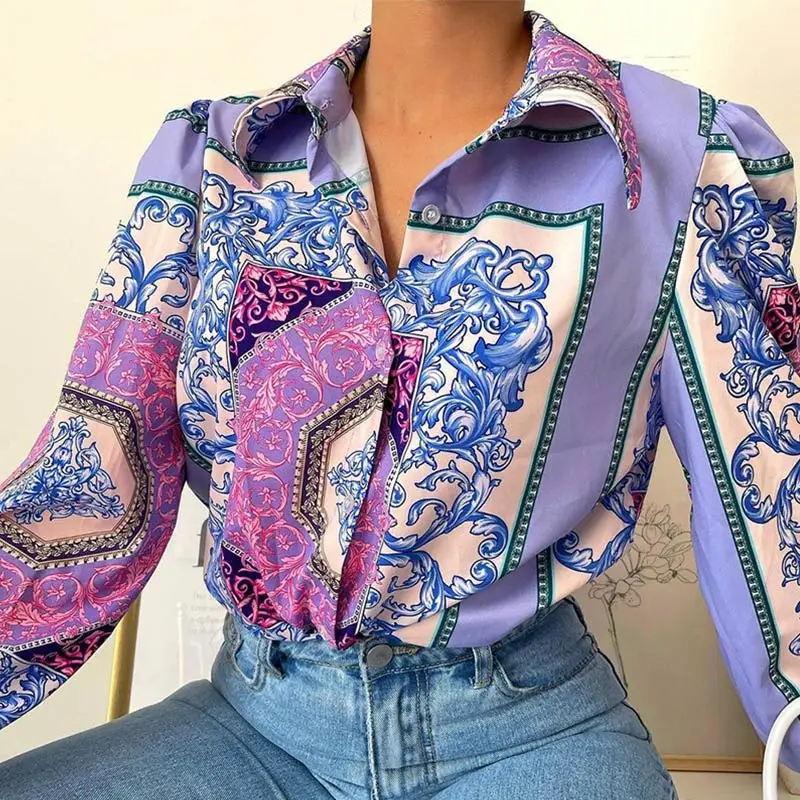 

Женская однобортная рубашка с отложным воротником, свободная разноцветная рубашка с винтажным цветочным принтом и длинным рукавом, 2021