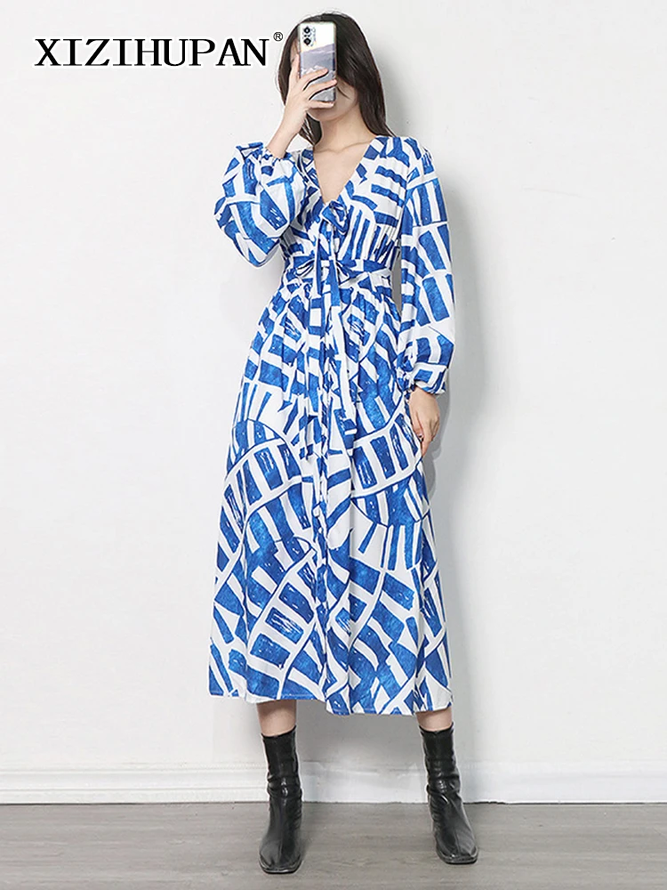 

Повседневный комплект из двух предметов XIZIHUPAN, женские платья миди с V-образным вырезом и длинным рукавом, высокой талией и цветными блоками,...