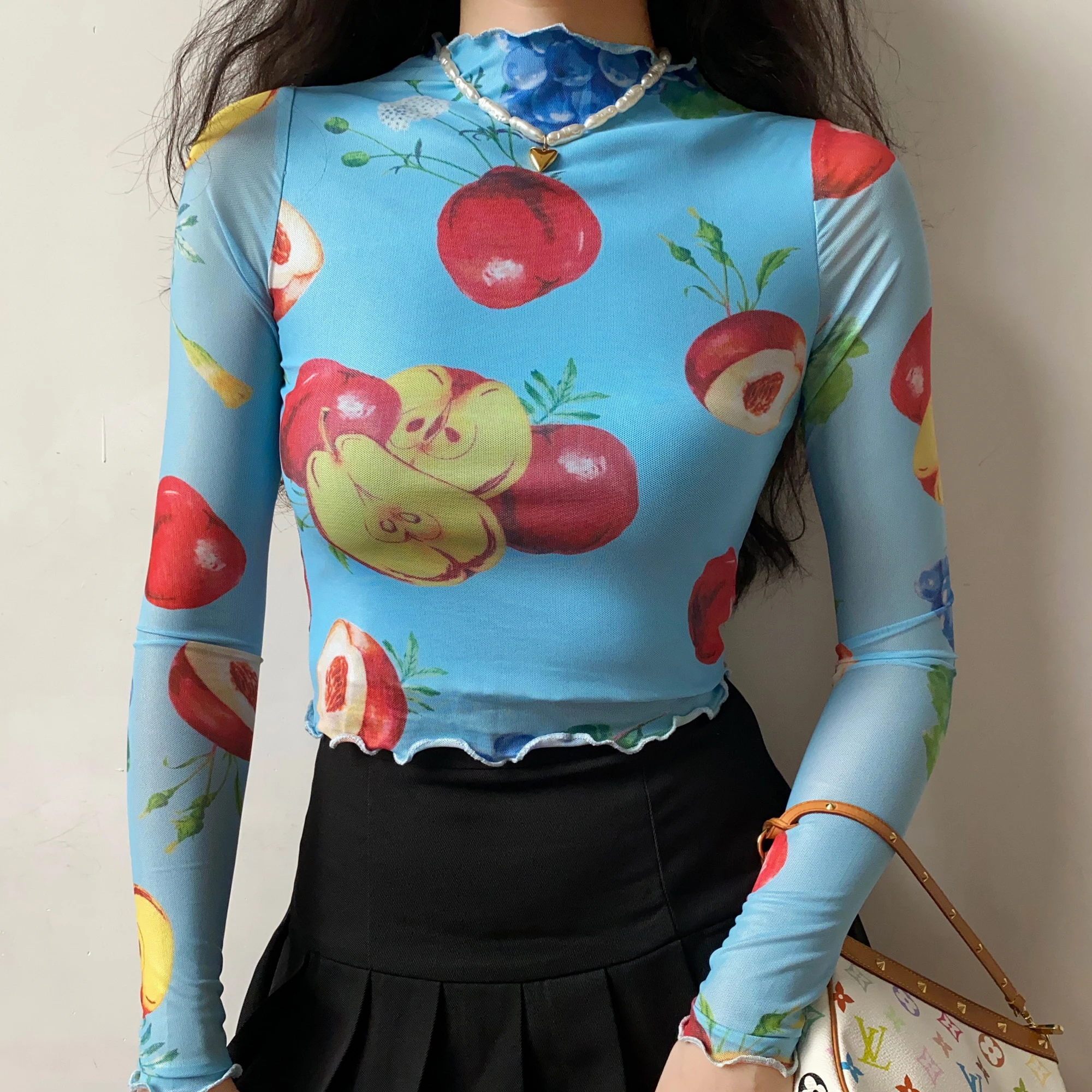 

TVVOVVIN Autumn Mesh Lace Printing Turtleneck Gauze Rolling Perspective Full Sleeve Base Shirt T-shirt For Women Z0UD