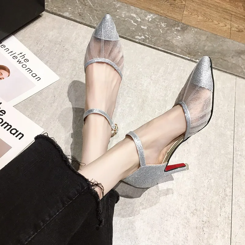 

Thin High Heels Pointed Toe Women Pumps Woman Two Piece Ankle Strap Shiny Party Shoes for Ladies Wedding Bridal Shoes