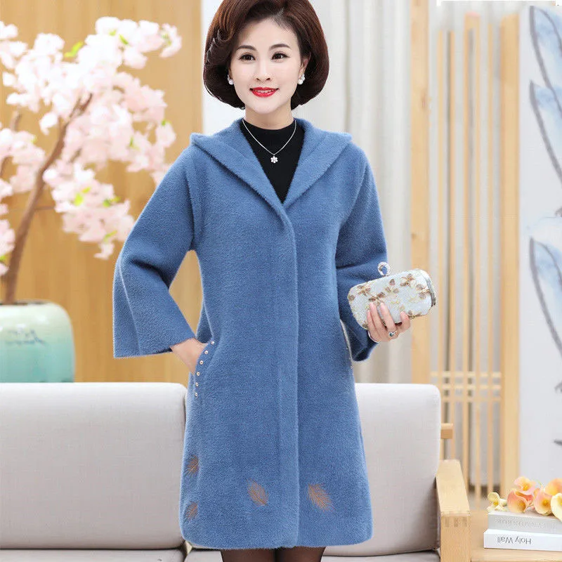 

Middle-aged women's Overcoat autumn-winter mink velvet fashion mid-length Cardigan hooded Loose plus size woolen Outwear D55