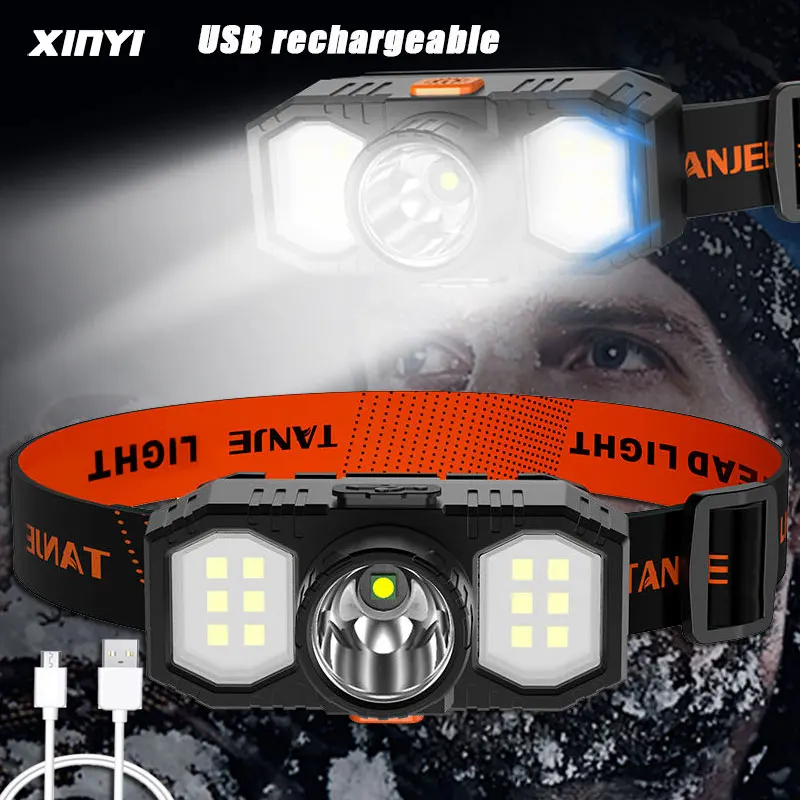 

USB Rechargeable LED Headlight Powerful XPE+COB Headlamp Head Torch IPX6 Waterproof Head Light with 1200mAh Built-in Battery