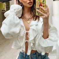 temperament hedging ruffled v neck lace up white lace up trumpet sleeve long sleeved top summer spring beach new top crop top