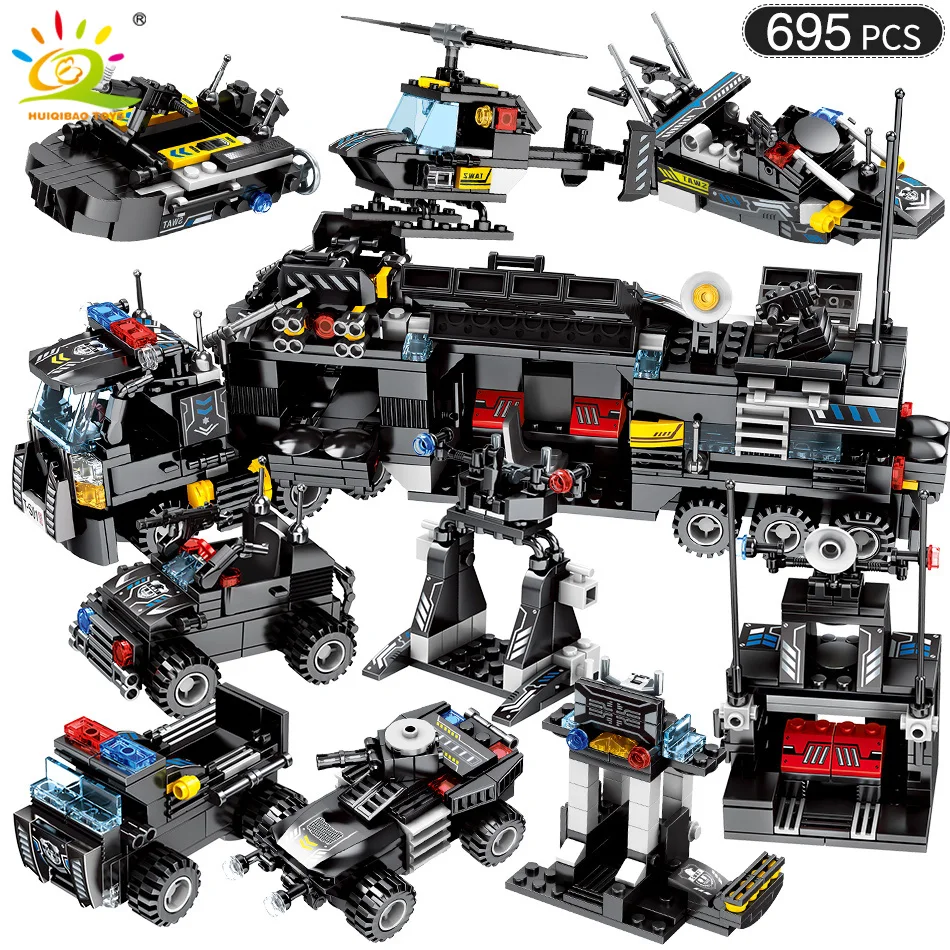 

HUIQIBAO 695pcs 8in1 Military Swat Command Vehicle Building Blocks City Police Airplane Figures Weapon Trucks Toys For Children