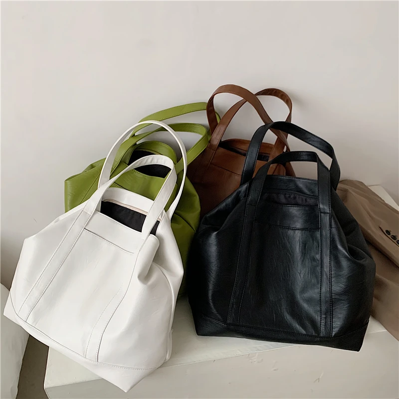 

Large Soft Tote Bags For Women Ladies Shopper Handbags PU Leather Female Shoulder Bags Summer Green White Brown