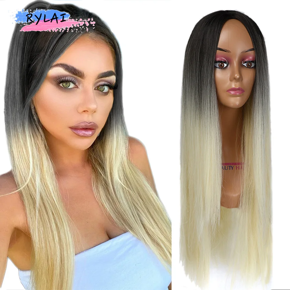 

Длинные прямые синтетические парики блонд Омбре из натуральных волос, парики средней длины, термостойкие парики для женщин афро, модные пар...