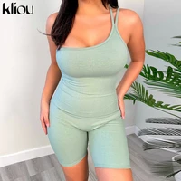 kliou ribbed one shoulder solid rompers women 2021 backless casual active playsuits workout summer biker shorts playsuit hot