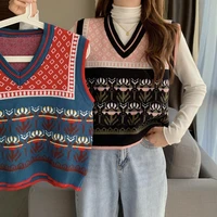 striped vintage knitted sweater vest women pullover v neck casual retro sweater spring autumn embroider female knitted vest