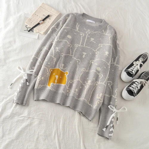 Light Grey Neploe Pull Femme вязаный свитер с вышитым медведем из мультфильма осенне-зимние толстые теплые жаккардовые Джемперы вязаные пуловеры 56201 - Цвет: Light Grey
