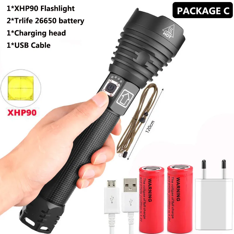 Option C Самый мощный светильник XHP90 светодиодный вспышка светильник USB масштабируемый фонарь 3 режима лампы 18650 26650 Перезаряжаемые Батарея для кемпинга - Испускаемый цвет: Option C