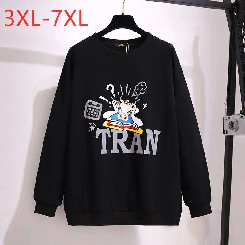 

New Spring Autumn Plus Size Women Clothing Oversize Pullover Long Sleeve Cotton Black Print Sweatshirt Tops 3XL 4XL 5XL 6XL 7XL