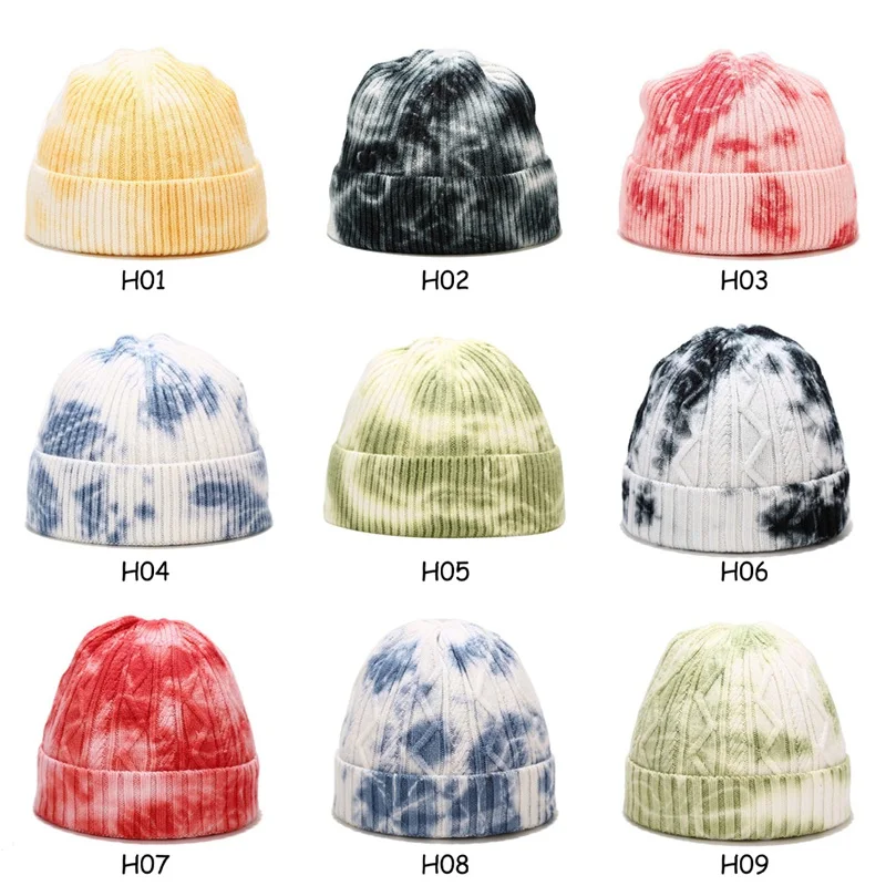 

High Quality Tie-dye Beanie Warm Winter Hats For Women Ladies Men Cuffed Plain Cap Bonnet Autumn Knitted Hip Hop Short Cap