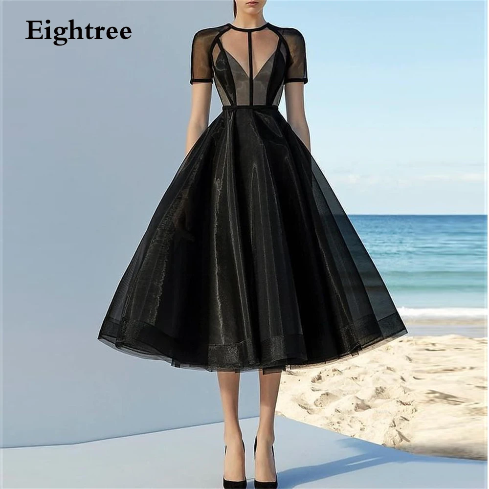 

Black Simple Short Sleeves A Line Prom Party Dresses Heart Type O Neck Tulle Formal Women Evening Dress Tea Length Gowns