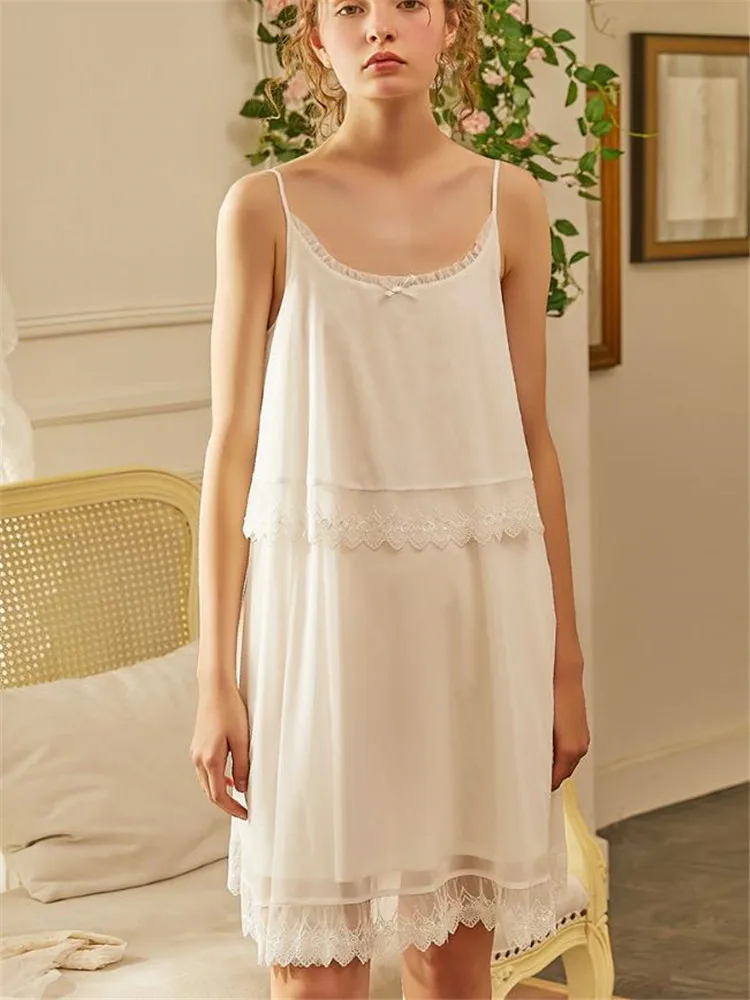 Sexy Lace Strappy Nightdress Summer Gauze Modal Cute Princess Style Sleeveless Sleep Dress