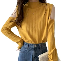 spring autumn knitted t shirt women sexy loose hollow out long sleeve tops woman 2021 mock neck solid basic korean fashion tees