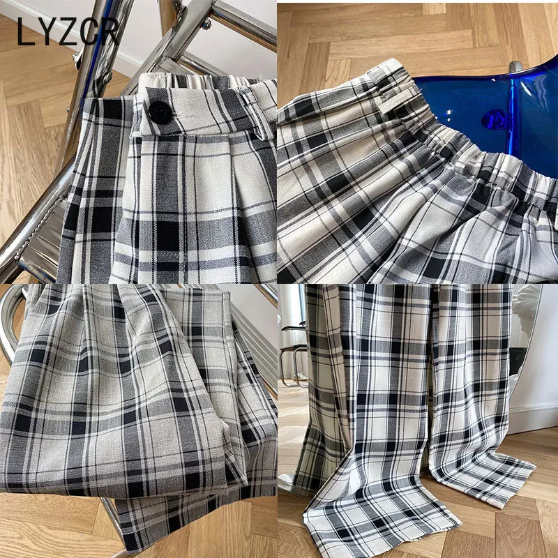 

LYZCR Vintage Plaid Wide Leg Pants Women High Waist White Plaid Pants Woman Loose Ladies Straight Women's Trousers Autumn