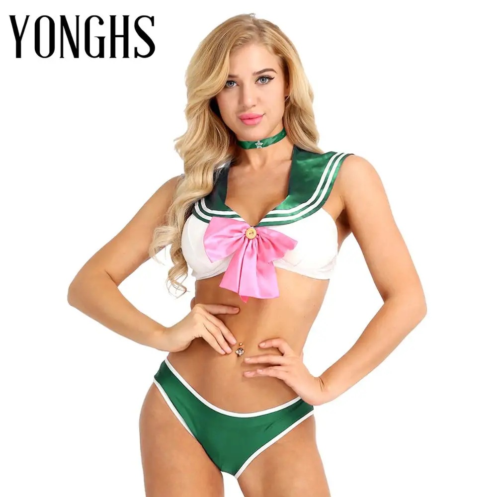 

Женский Школьный костюм матроска для косплея, Униформа с бантом, бюстгальтер, топы с низом, трусики, кольцо на шею, сексуальная одежда для иг...