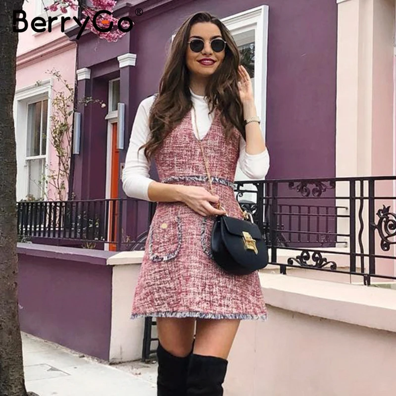 BerryGo осеннее женс платье без рукавов v образным твид женское вырезом с кисточками