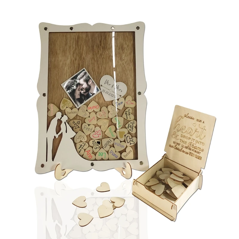 

Wedding Guest Book Drop Top Frame Sign Book with Wooden Hearts Photo Sticker