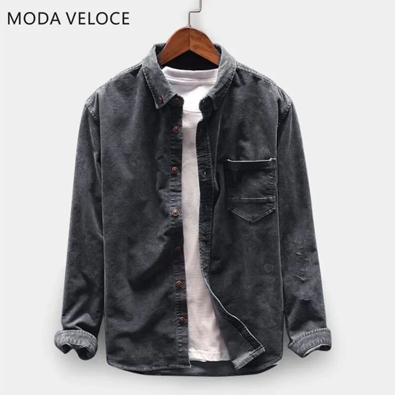MODA VELOCE Flannel Shirt Men  Long Sleeve Shirt Men Winter 4 Colors Corduroy Hip Hop Blouse