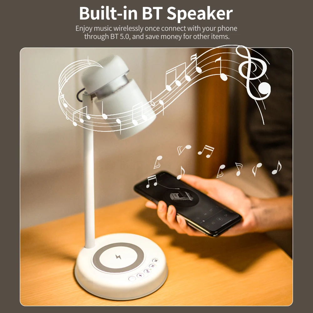 

Настольная лампа с динамиком BT 5,0, 1 цветовой режим, 4 уровня яркости, без мерцания, 15 Вт, Беспроводная зарядка, не включает адаптер питания