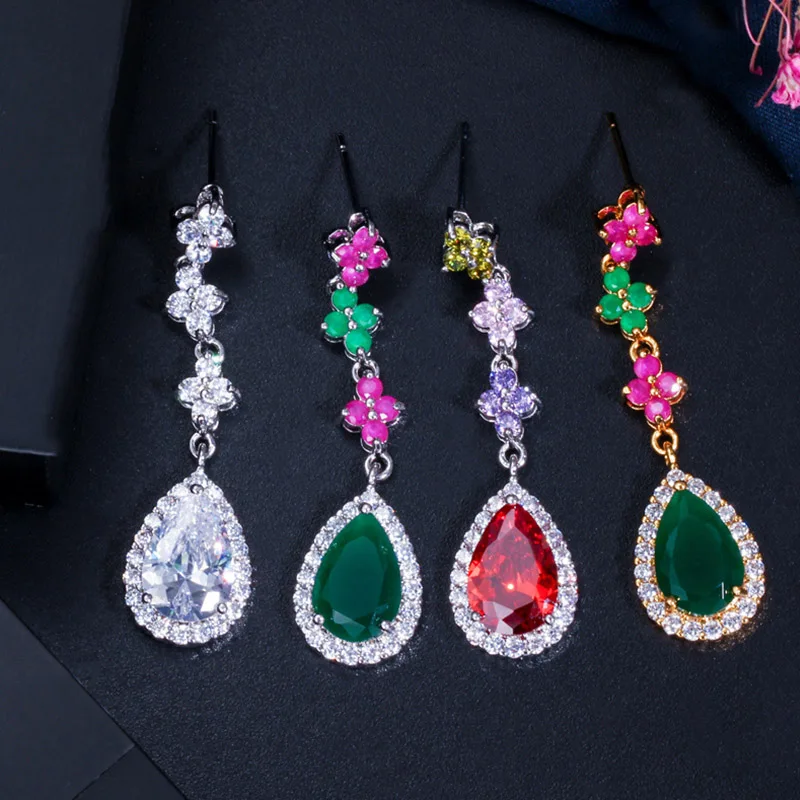 Pera Vintage Indian Women Green And Red Long Cubic Zirconia Waterdrop Big Earings For Fashion Wedding Prom Party Jewelry E158 | Украшения и