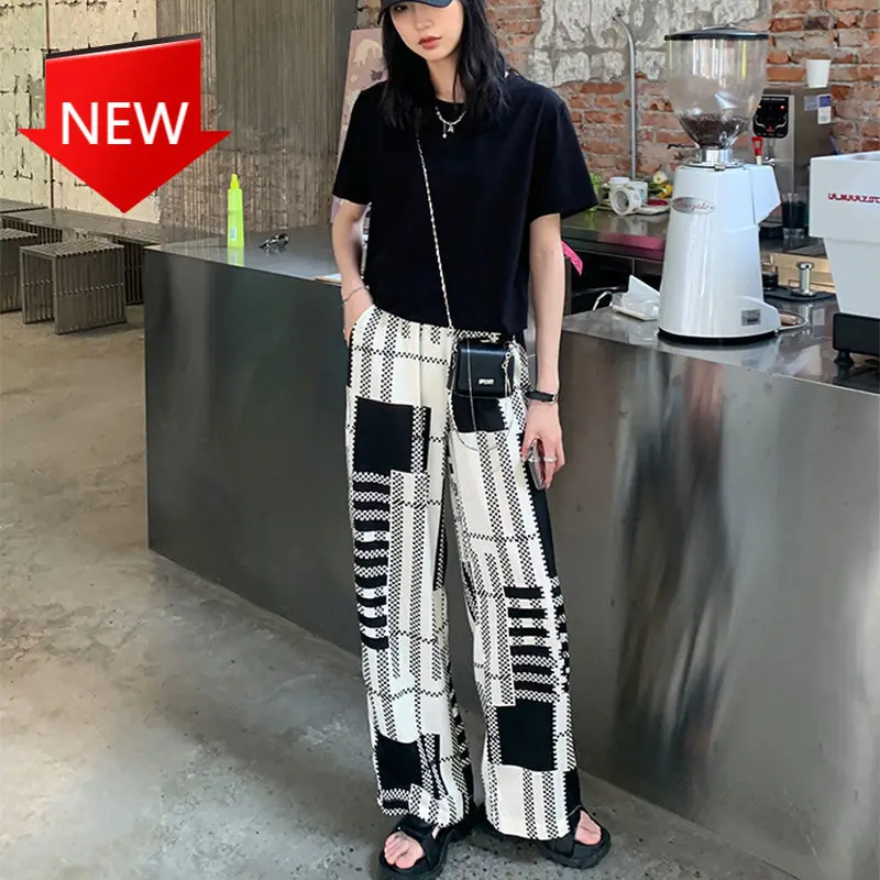 

Pants Korean Streetwear Hit Color Plaid Striped Patchwork Trousers Vintage OL Pants 2021 New Women High Waist Wide Leg