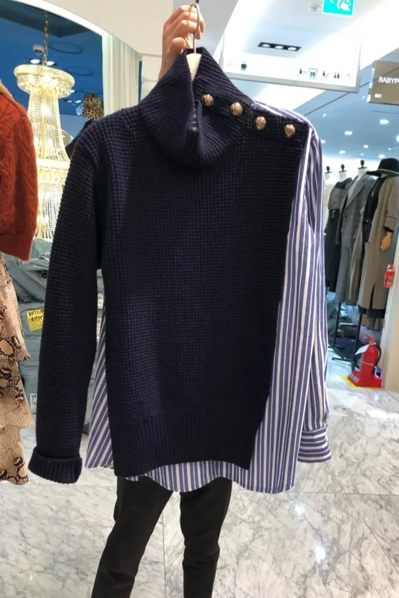 

Autumn and winter high neck shirt stitching sweater 2020 fake two loose fashion all-match super fire sweater