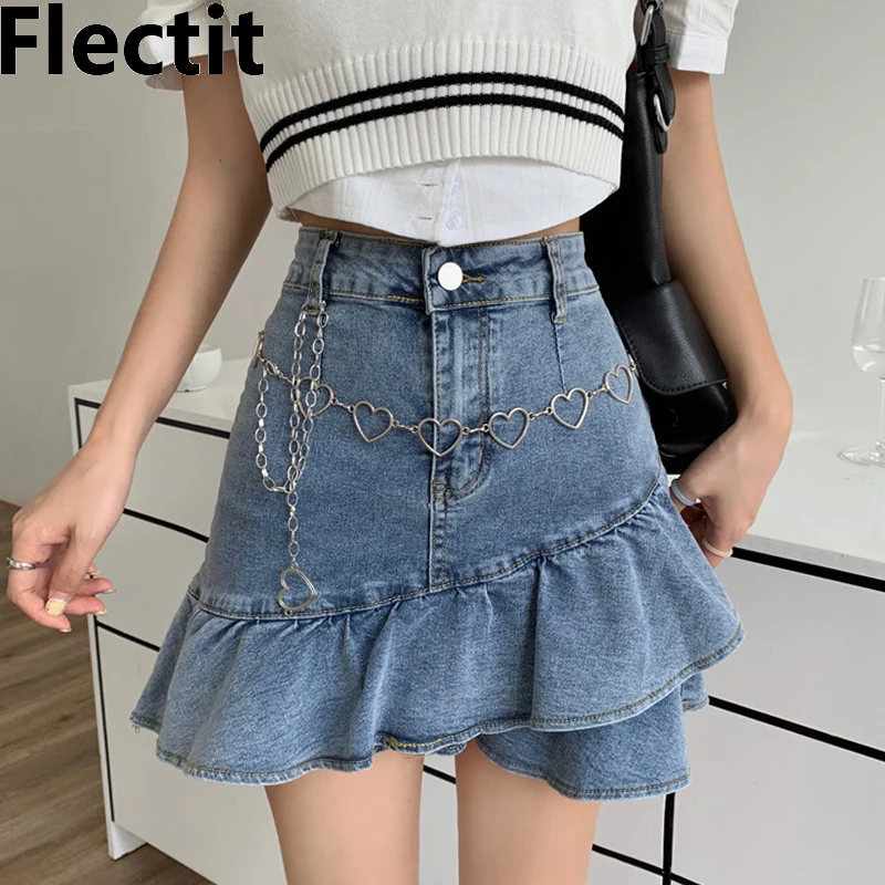 

Flectit Y2K Denim Skirt Asymmetrical Ruffle Hem High Waist Mini Jean Skirt Women e-Girl Aesthetic Streetwear