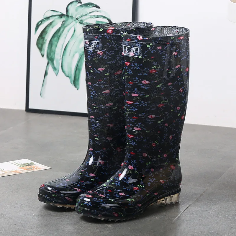 New Fashion Printing Knee-High Rain Boots Women Non-slip Waterproof Work Water Shoes Female Light Comfort PVC Rainboots