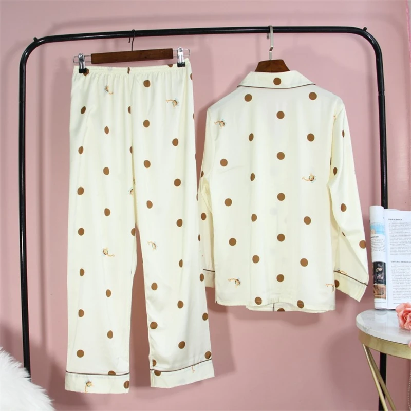 

Female Sleep Two Pieces Loungewear Spring Satin Print Pajamas Pyjamas Woman Long Sleeve Sleepwear Pijama Suit Plus Size