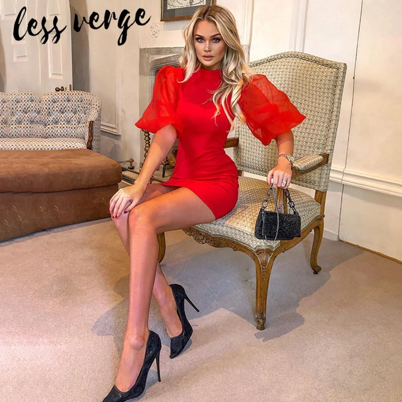 Женское Сетчатое платье с пышными рукавами Lessverge красное элегантное осеннее