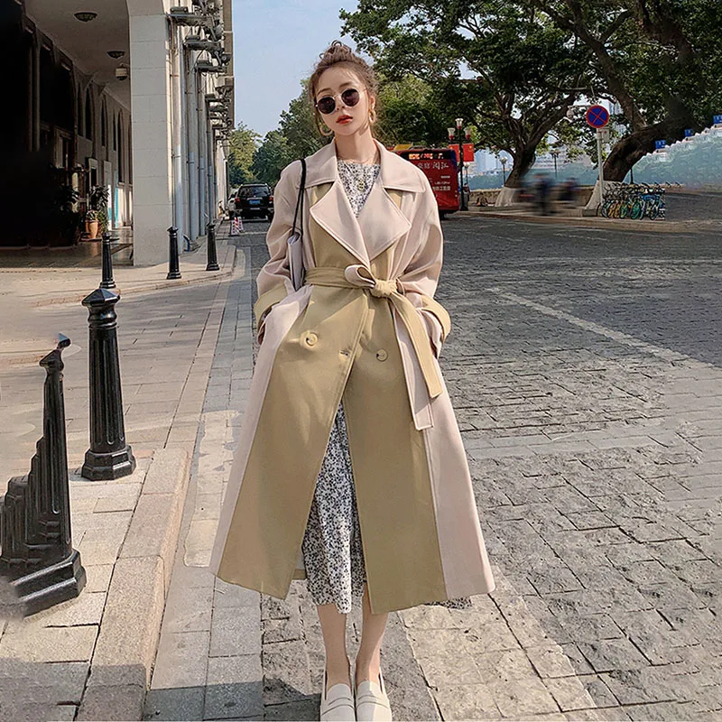 

Женская Осенняя куртка 2022, тренчкот средней длины, свободная ветровка до колена, британская Талия, контрастные цвета, Весенняя женская одеж...