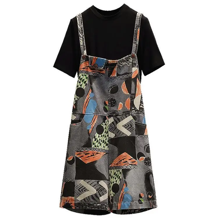 

Single / suit large size women's summer suit 2021 new belly covering and thin T-shirt with suspenders fashionable two piece suit