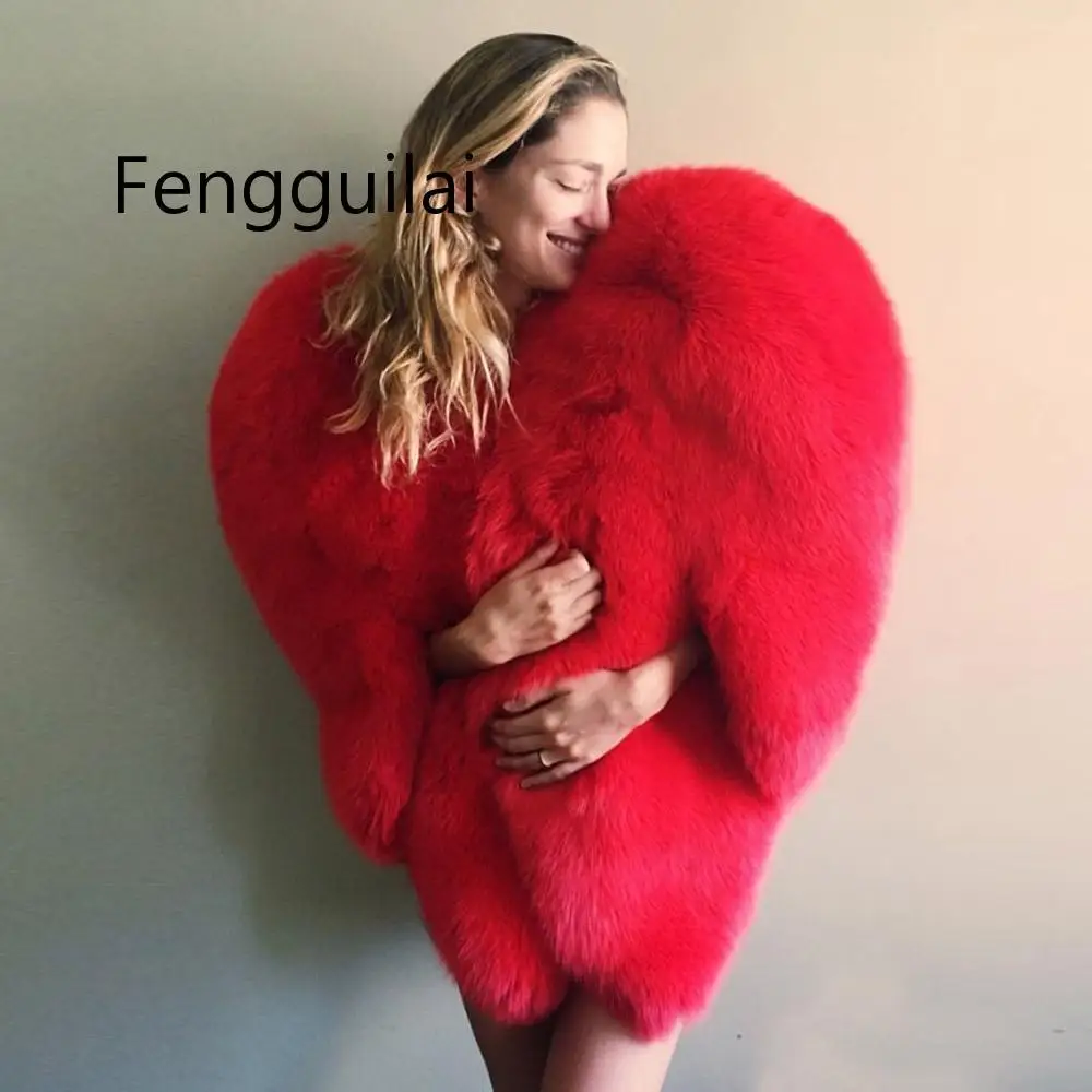 Stylish 3D Red Heart Shaped Cape Faux Fox Fur Thick Warm Celebrity Women Long Hairy Shaggy Coat Jacket Outerwear Winter Top | Женская