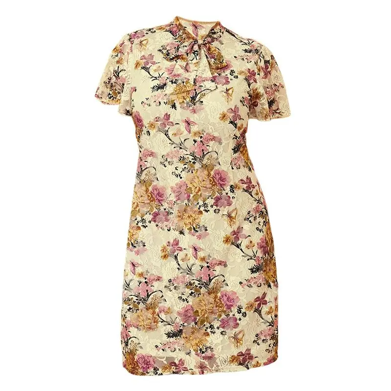 Women Fashion Floral Print Lace Tie Bow Collar Bodycon Dress Short Sleeve Vintage Mini Dresses Elegant Female Vestidos 4XL