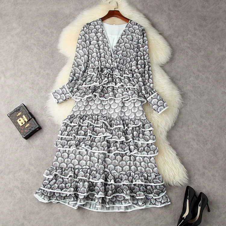 

Женская одежда в европейском и американском стиле на лето 2021, модное платье с длинным рукавом, V-образным вырезом и принтом с перекрывающимися воланами