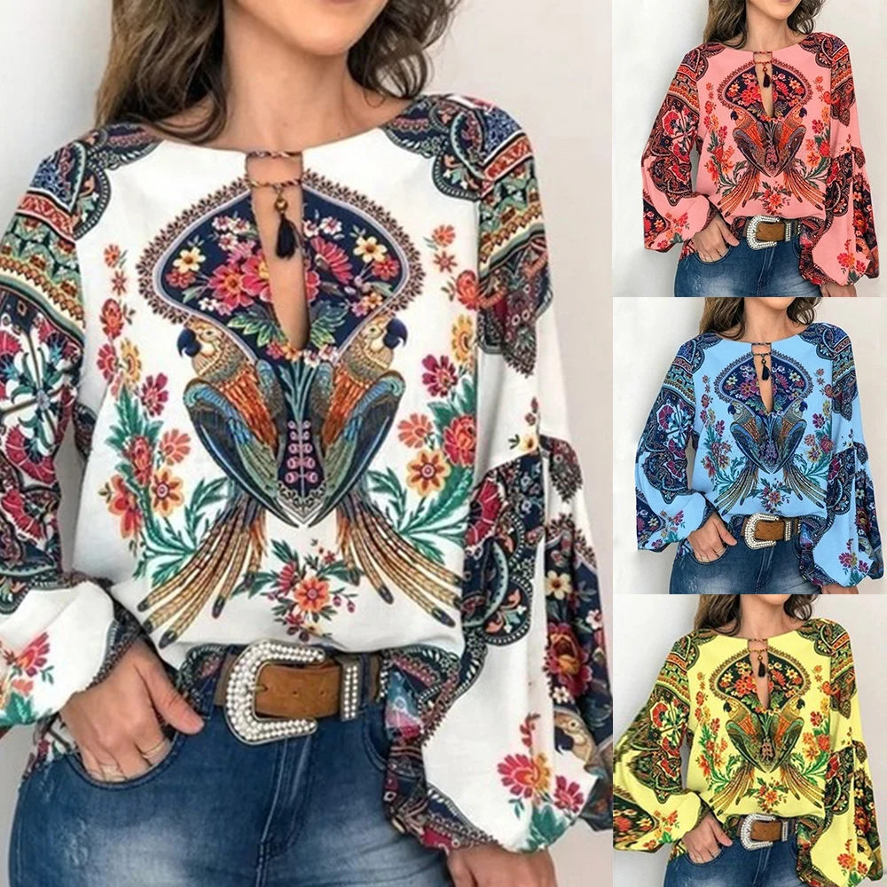 2019 Autumn Bohemian Blouse Women Plus Size 5XL Shirt Vintage Floral Print Top Ladies Blouses Casual V Neck Blusas Mujer De Moda | Женская