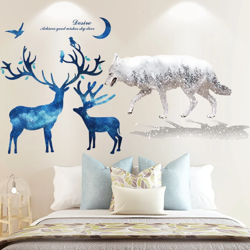 

[SHIJUEHEZI] Wolf Animals Wall Stickers DIY Blue Deer Mural Decals for Kids Bedroom Baby Room Children Nursery Home Decoration