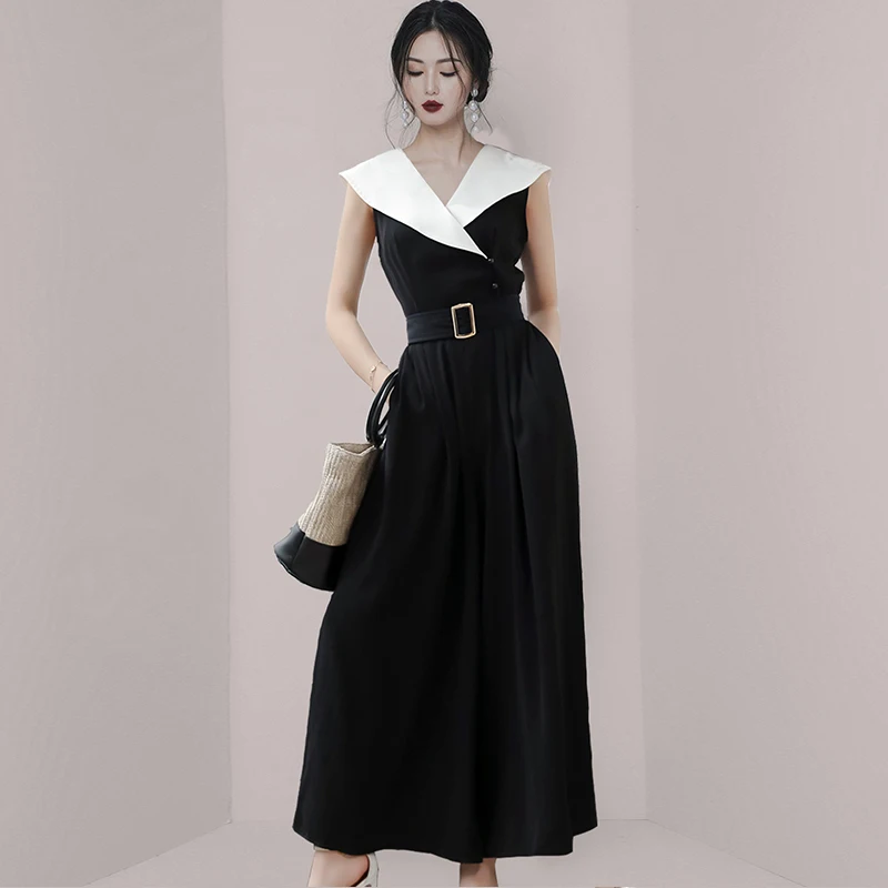 

JSXDHK 2021 Summer Black White Patchwork Jumpsuits Elegant Women Sleeveless V Neck Slim Office OL Wide Leg Jumpsuit Overalls