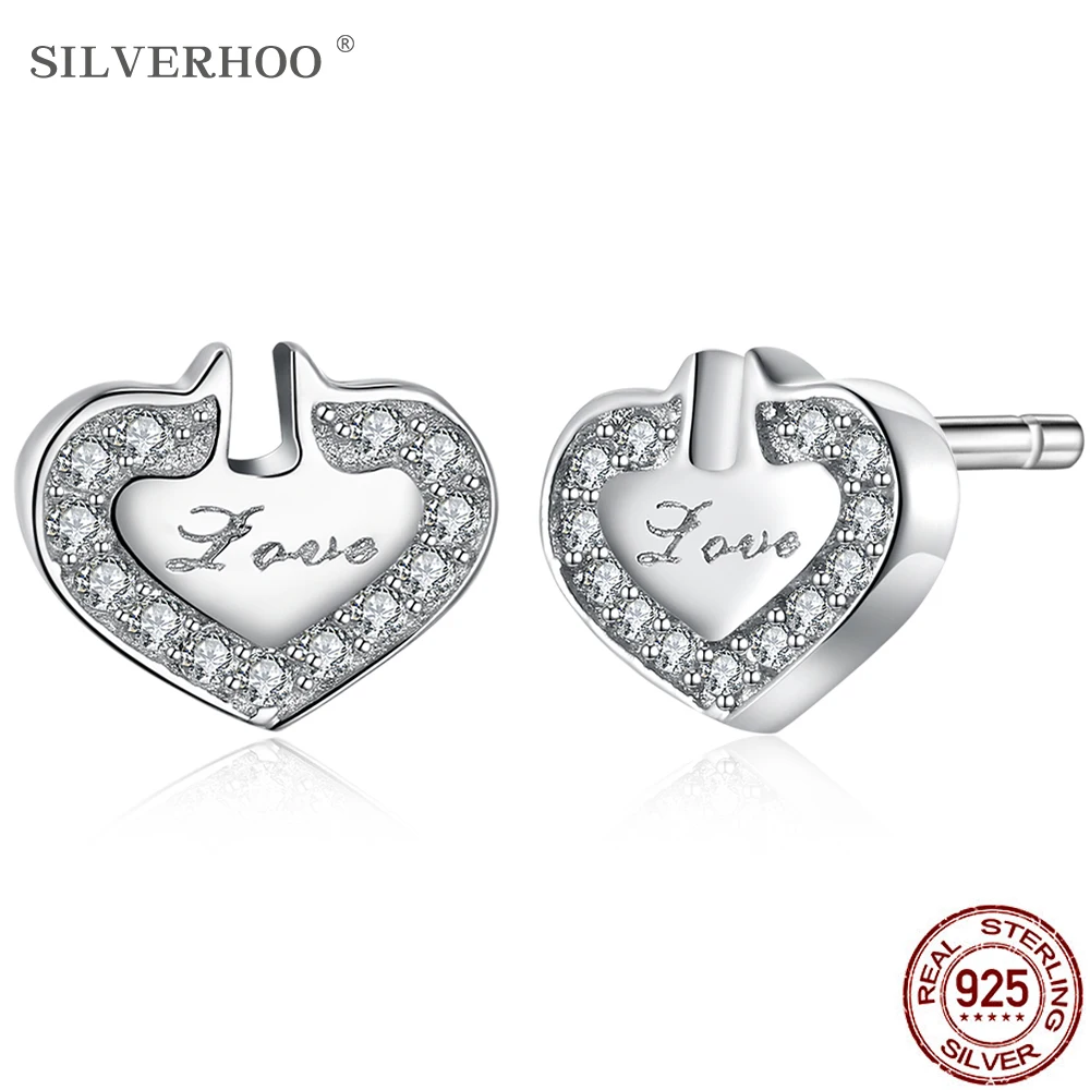 

SILVERHOO 925 Sterling Silver Earrings Letter Love Women Stud Earring Birthday Gift For Lover High Quality Zircon Fine Jewelry