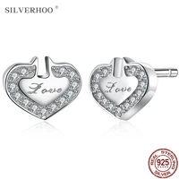 silverhoo 925 sterling silver earrings letter love women stud earring birthday gift for lover high quality zircon fine jewelry