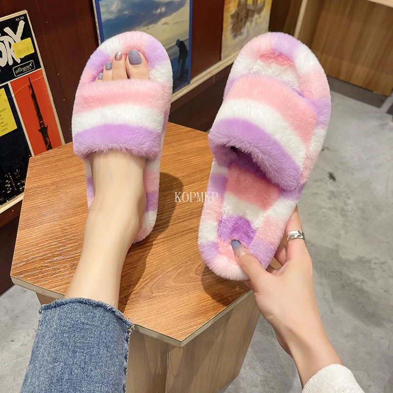 

Faux Fur Sandals Girls Shoes Winter Warm Home Breathable Furry Slippers Soft Plush Flip Flop Women's Rainbow Kopmkp Indoor 2021