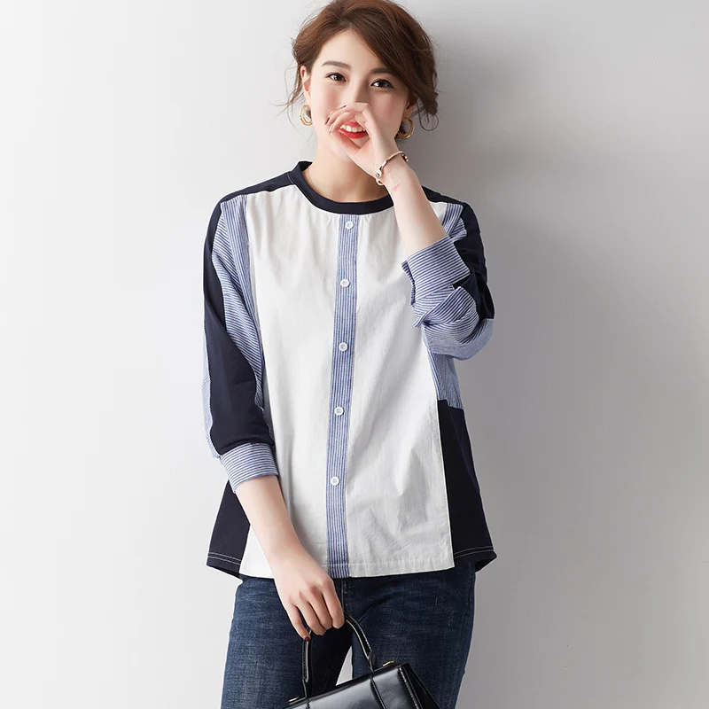 

Корейский стиль Для женщин s Топы и блузки размера плюс Для женщин топы и Bloues Сращивание Blusas Mujer De Moda 2020 в полоску Женская одежда