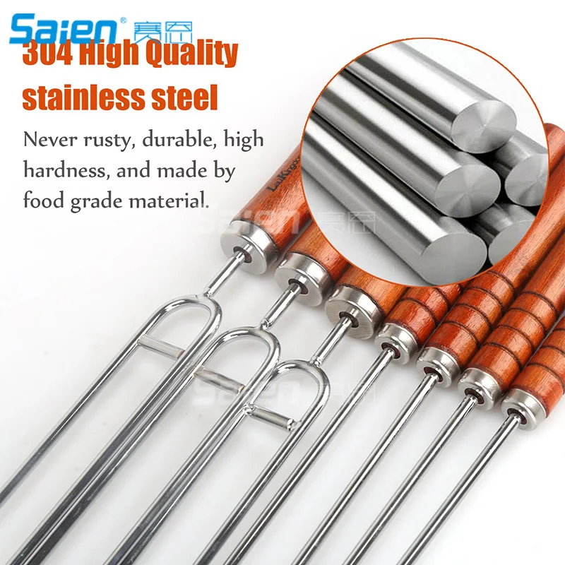 Double Prongs BBQ Barbecue Shish Kebab Skewers Stainless Steel Wooden Handle 16 inch 7-Piece | Спорт и развлечения